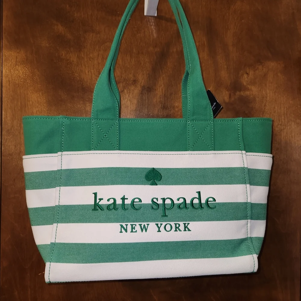 Kate Spade Green and White Striped Tote Bag